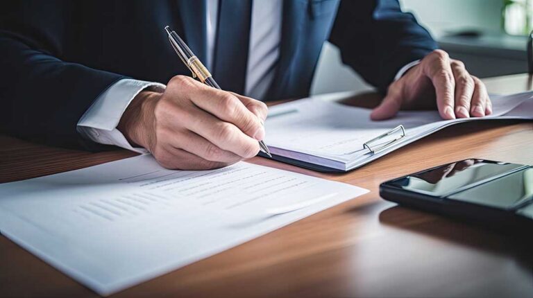 An adult couple reviews life insurance documents with a pen and calculator at a kitchen table.